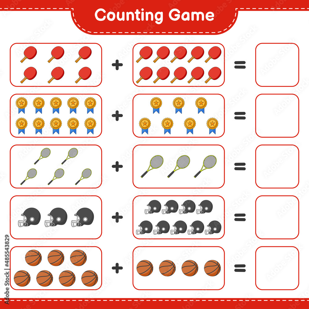 Count and match, count the number of Ping Pong Racket, Basketball, Trophy, Football Helmet, Tennis Racket and match with the right numbers