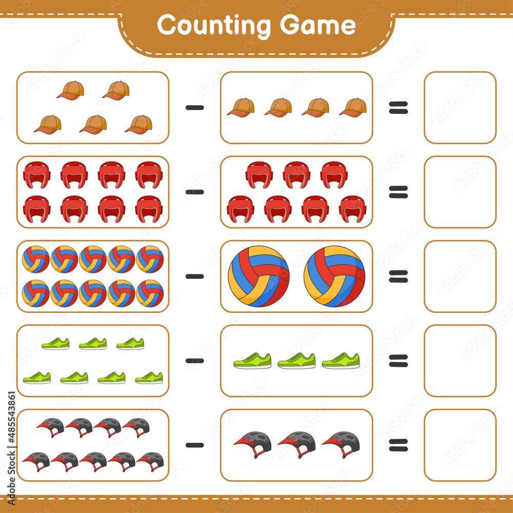 Count and match, count the number of Bicycle Helmet, Boxing Gloves, Cap Hat, Volleyball, Sneaker and match with the right numbers. Educational children game, printable worksheet, vector illustration