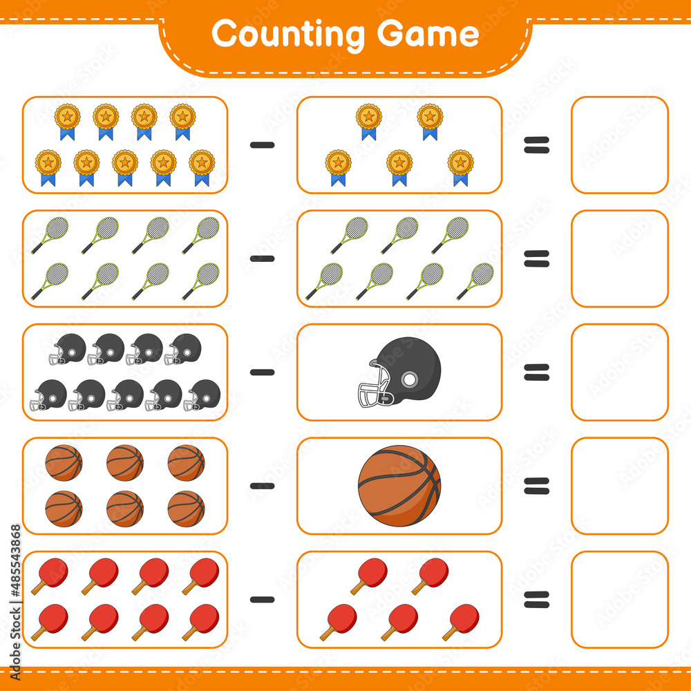 Count and match, count the number of Ping Pong Racket, Basketball, Trophy, Football Helmet, Tennis Racket and match with the right numbers