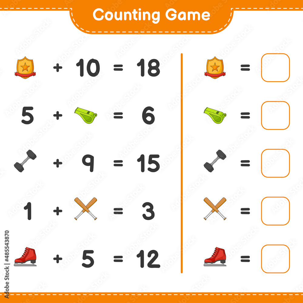 Count and match, count the number of Ice Skates, Whistle, Dumbbell, Baseball Bat, Trophy and match with the right numbers. Educational children game, printable worksheet, vector illustration Count and match, count the number of Ice Skates, Whistle, Dumbbell, Baseball Bat, Trophy and match with the right numbers. Educational children game, printable worksheet, vector illustration