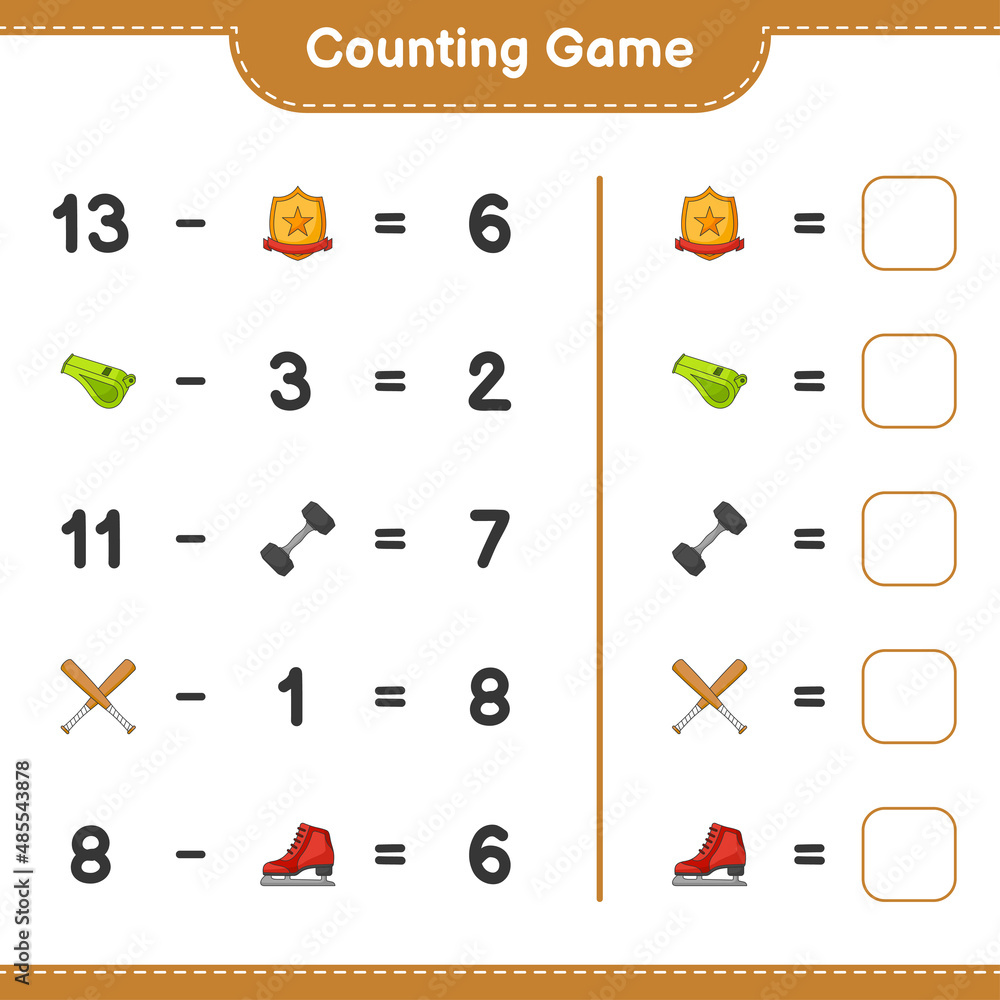 Count and match, count the number of Ice Skates, Whistle, Dumbbell, Baseball Bat, Trophy and match with the right numbers. Educational children game, printable worksheet, vector illustration Count and match, count the number of Ice Skates, Whistle, Dumbbell, Baseball Bat, Trophy and match with the right numbers. Educational children game, printable worksheet, vector illustration