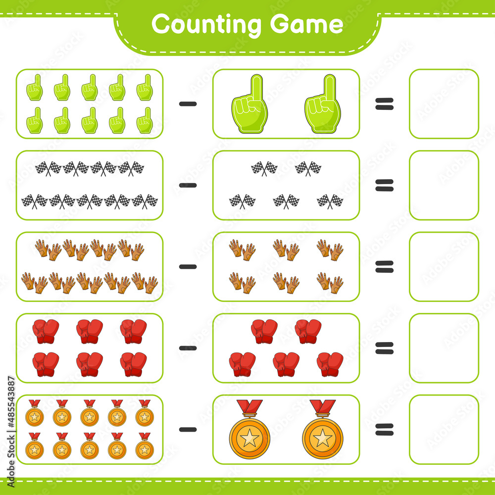 Count and match, count the number of Foam Finger, Trophy, Racing Flags
