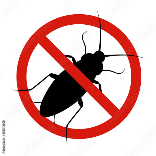 Anti cockroach, pest control. Stop insects sign. Silhouette of cockroach in red forbidding circle, vector illsutration