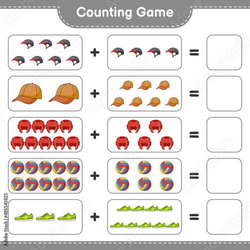 Count and match, count the number of Bicycle Helmet, Boxing Gloves, Cap Hat, Volleyball, Sneaker and match with the right numbers. Educational children game, printable worksheet, vector illustration