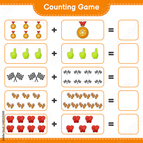 Count and match, count the number of Foam Finger, Trophy, Racing Flags, Boxing Gloves, Golf Gloves and match with the right numbers. Educational children game, printable worksheet, vector illustration © Pure Imagination