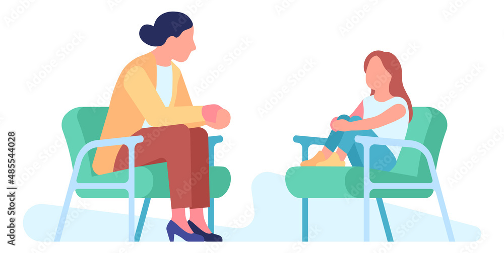 Woman talking to child. Psychological help. Children counseling Woman talking to child. Psychological help. Children counseling