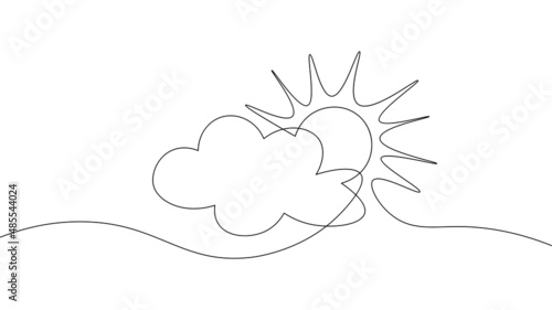 Continuous line sun cloud art. Single line sketch sunny summer travel concept. Icon cloudy sky weather happy holiday vacation element vector illustration