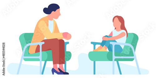 Woman talking to child. Psychological help. Children counseling