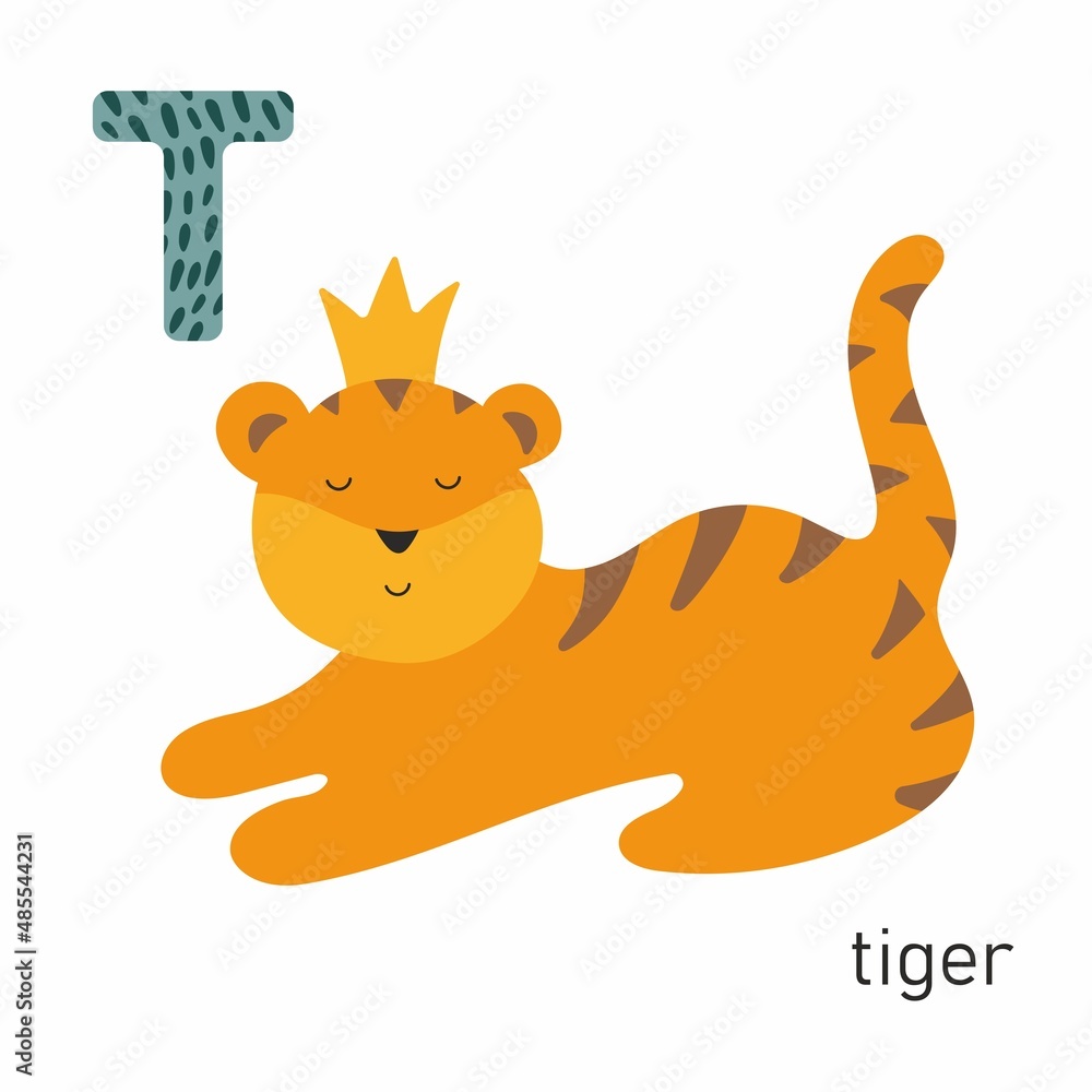Alphabet for kids. Vector illustration with tiger isolated on white Alphabet for kids. Vector illustration with tiger isolated on white