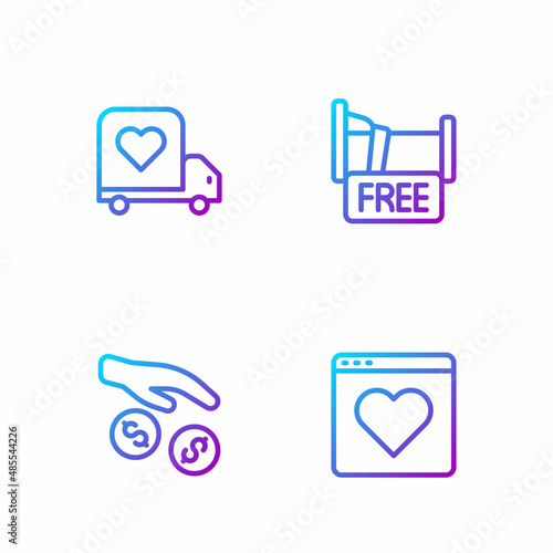 Set line Dating app online, Donation and charity, Delivery truck with heart and Free overnight stay house. Gradient color icons. Vector