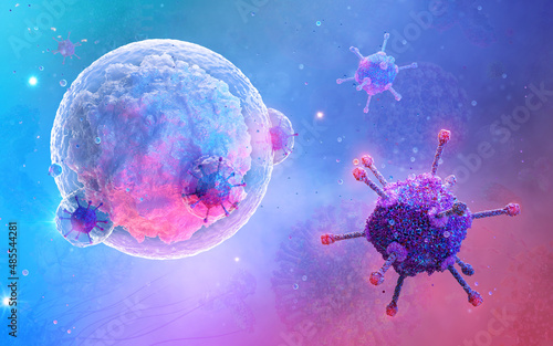Fotografie B-cell, white blood cell 3D, type of lymphocyte interacting with a virus