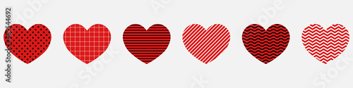 Set of black, red and white heart cliparts with various textures isolated. Vector illustration for patterns, prints, decoration, design elements.