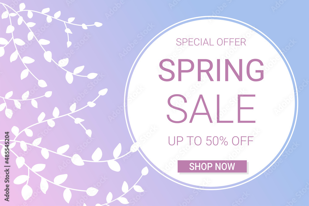 Spring sale banner with white branches on blue and pink gradient background. Template for flyer, voucher, brochure and banner design.
