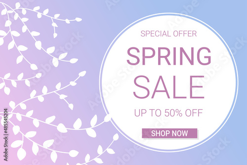 Spring sale banner with white branches on blue and pink gradient background. Template for flyer, voucher, brochure and banner design.