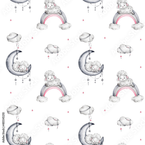 Seamless pattern with cute little lambs, moon and rainbow; watercolor hand drawn illustration; with white isolated background