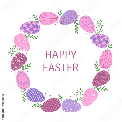 Happy Easter greeting card template. Pink, purple and blue decorated Easter eggs and green branches in flat style