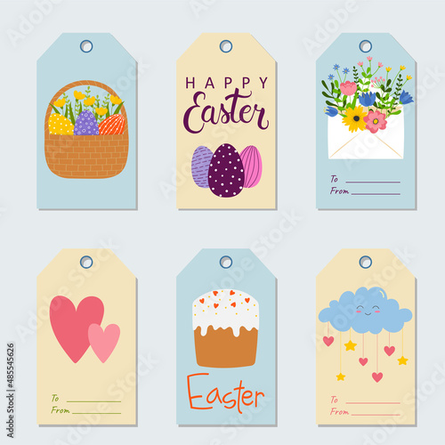 Set of Easter gift tags and labels with cute cartoon characters and lettering. Doodle flat style 