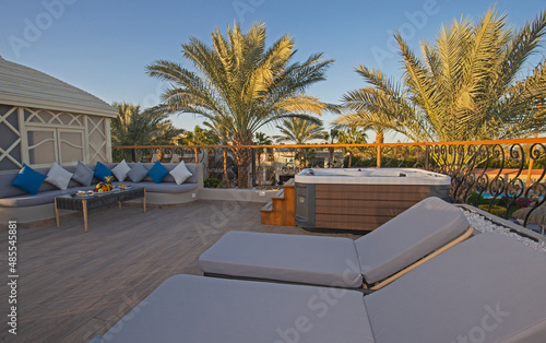 Patio roof terrace of luxury hotel resort room with hot tub © Paul Vinten