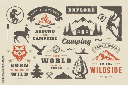 Camping and outdoor adventure design elements set, quotes and icons vector illustration