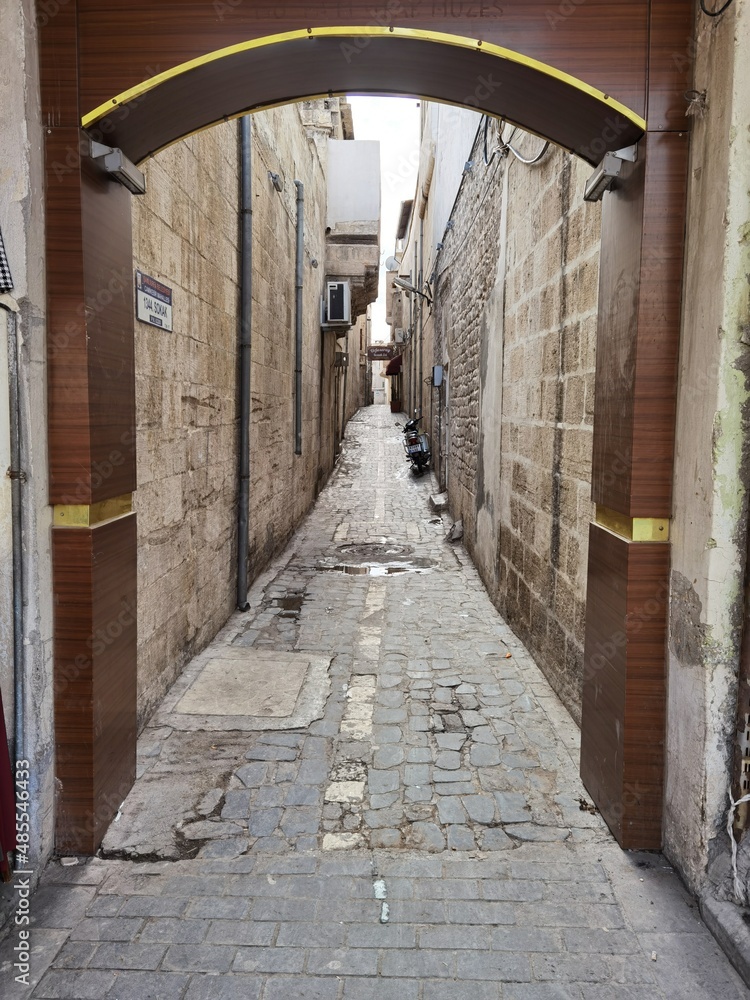 Narrow old town streets of Sanliurfa so narrow that only pedestrians can go through no mounts