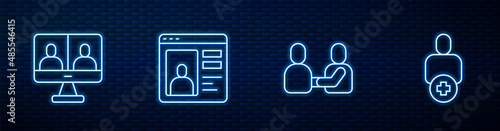 Set line Happy friendship day, Video chat conference, Dating online and Add to. Glowing neon icon on brick wall. Vector