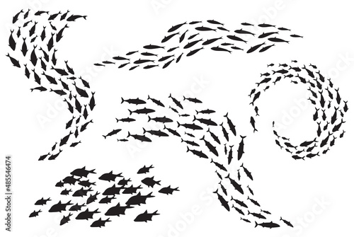 School fish silhouette. Group sea shoal small fishes swim in circle, shoaling and schooling ocean life, underwater ecosystem deep marine animals, plenty tuna, set black neat icons photo