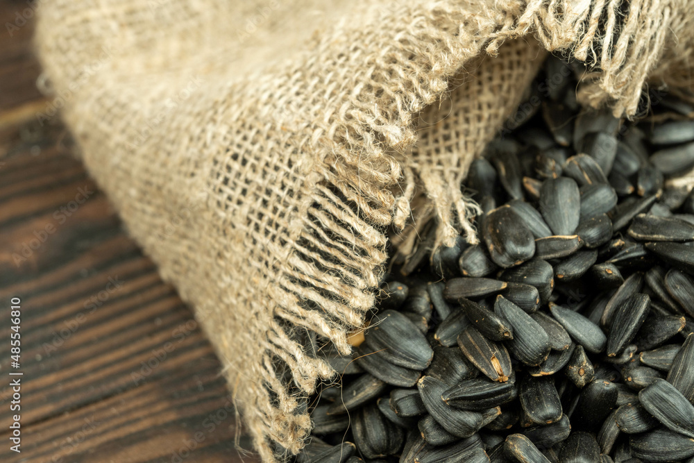Sunflower seeds are scattered on homespun fabric with a rough texture. close-up, selective focus. Sunflower seeds are scattered on homespun fabric with a rough texture. close-up, selective focus.