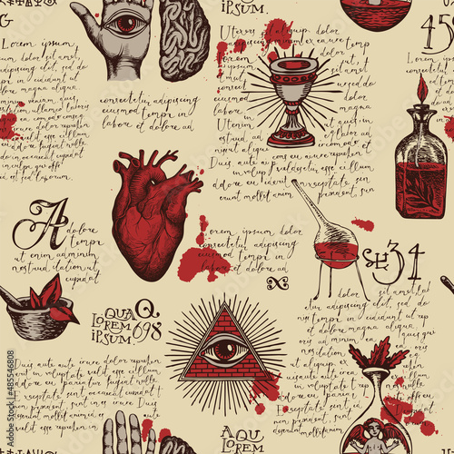 Vintage hand-drawn seamless pattern on the theme of occultism, satanism and witchcraft. Abstract vector background with ominous sketches, handwritten text lorem ipsum and blood drops on an old paper