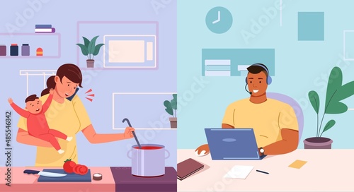 Woman calling operator. Housewife talking to customer support, mother and client centered telemarketing, vector illustration