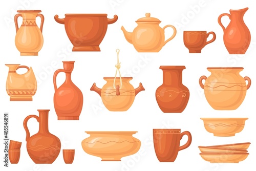 Cartoon clay crockery. Antique ceramico utensils, brown earthenware pot dish vessels cup jug bowl, ancient ceramic dishes, image pottery kitchenware, icon neat vector illustration