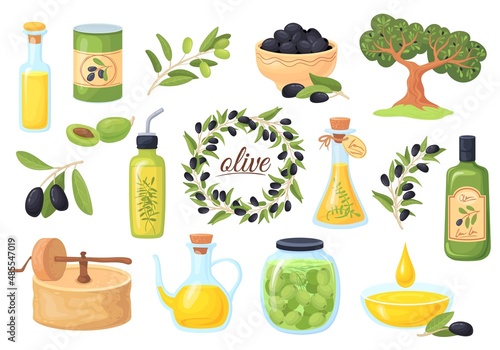 Cartoon olive products. Feta oil greece traditional food, bowl olives snack, mediterranean snacks elements, olieve drops in bottle branch olival tree, flat neat vector illustration