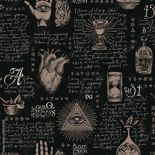Abstract seamless pattern on the theme of occultism, alchemy, esoteric and witchcraft in vintage style. Hand-drawn vector background with sketches and handwritten text lorem ipsum on a black backdrop