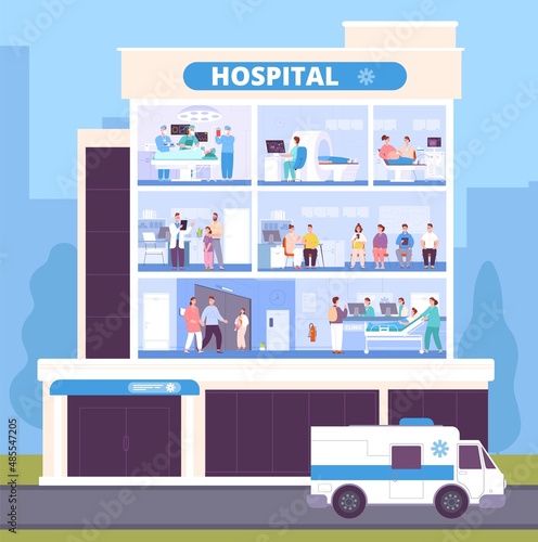 Healthcare departments. Hospital building emergency department, clinic room interior, floor with patient nurse doctor medical equipment, city ambulance splendid vector illustration