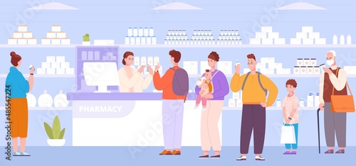 People in pharmacy store. Queue customers by counter drugstore, seller pharmacist consulting customer, woman man shopping drug on shelves medical shop, splendid vector illustration