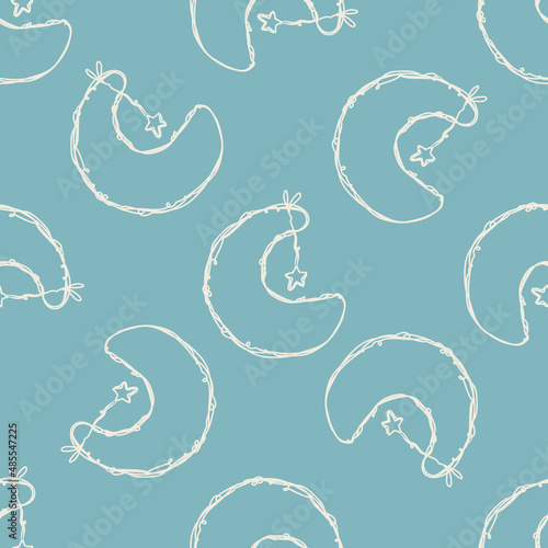 Gender neutral sleepy star and moon seamless vector background. Simple whimsical romantic 2 tone pattern. Kids nursery wallpaper or scandi all over print. 