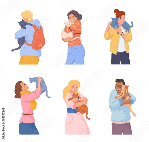 People hugs cats. Woman hug cat, girl adopted pet, owners play with animal, people cuddle lovely pretty furry care pets, man carries on shoulder animals, flat swanky vector