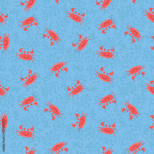 Seamless cute crab pattern with seaweed.