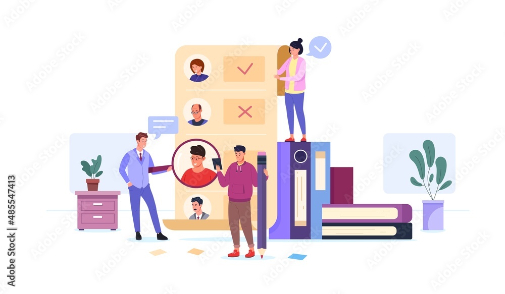 Hr list. Attract talents job, data check employees recruiting form resume candidates office policy information fill checklist test, choose employee, flat garish vector illustration Hr list. Attract talents job, data check employees recruiting form resume candidates office policy information fill checklist test, choose employee, flat garish vector illustration