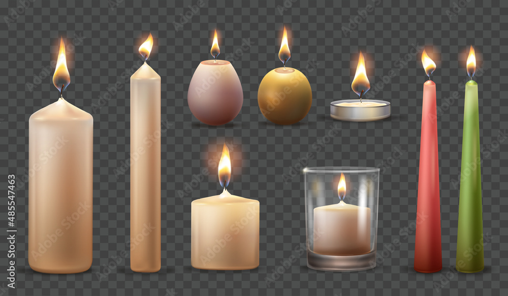 Realistic lit candles. 3d white candle with flare flame, christmas candlelight, celebration decorative wax birthday anniversary holiday, church paraffin, tidy vector illustration Realistic lit candles. 3d white candle with flare flame, christmas candlelight, celebration decorative wax birthday anniversary holiday, church paraffin, tidy vector illustration