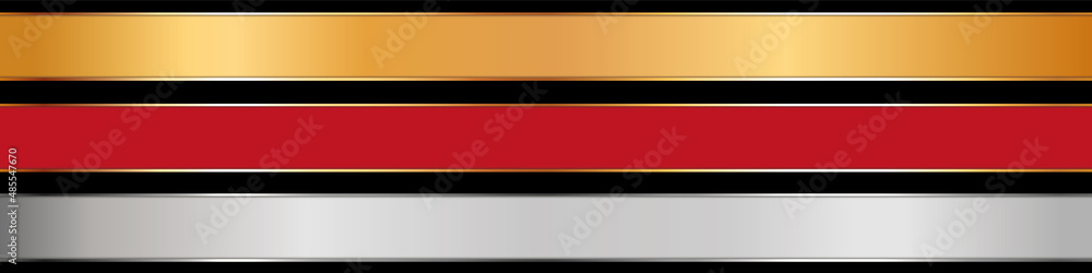 red, silver and gold colored ribbon banners with gold frame on black background
red, silver and gold colored ribbon banners with gold frame on black background
