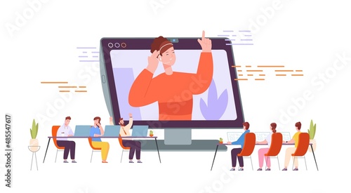 Online coaching group. Education webinar in world digital cloud, teacher lecture on internet classroom, elementary virtual training, vector illustration