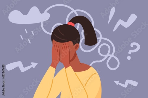 Restless person. Mental compulsive disturb depression character, disorder in head, issue regret cloud, psychotherapies, vector illustration