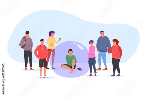 Unsocial person. Solitude Introvert inside bubble or capsule, shy alone man separate extrovert social people, personal boundary, vector illustration