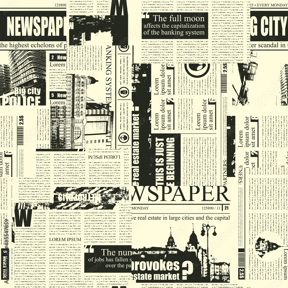 Naklejka premium Monochrome seamless pattern with a collage of newspaper clippings. Vector background in retro style with titles, illustrations and imitation of text. Suitable for wallpaper, wrapping paper, fabric