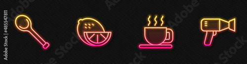 Set line Cup of tea, Sauna ladle, Lemon and Hair dryer. Glowing neon icon. Vector