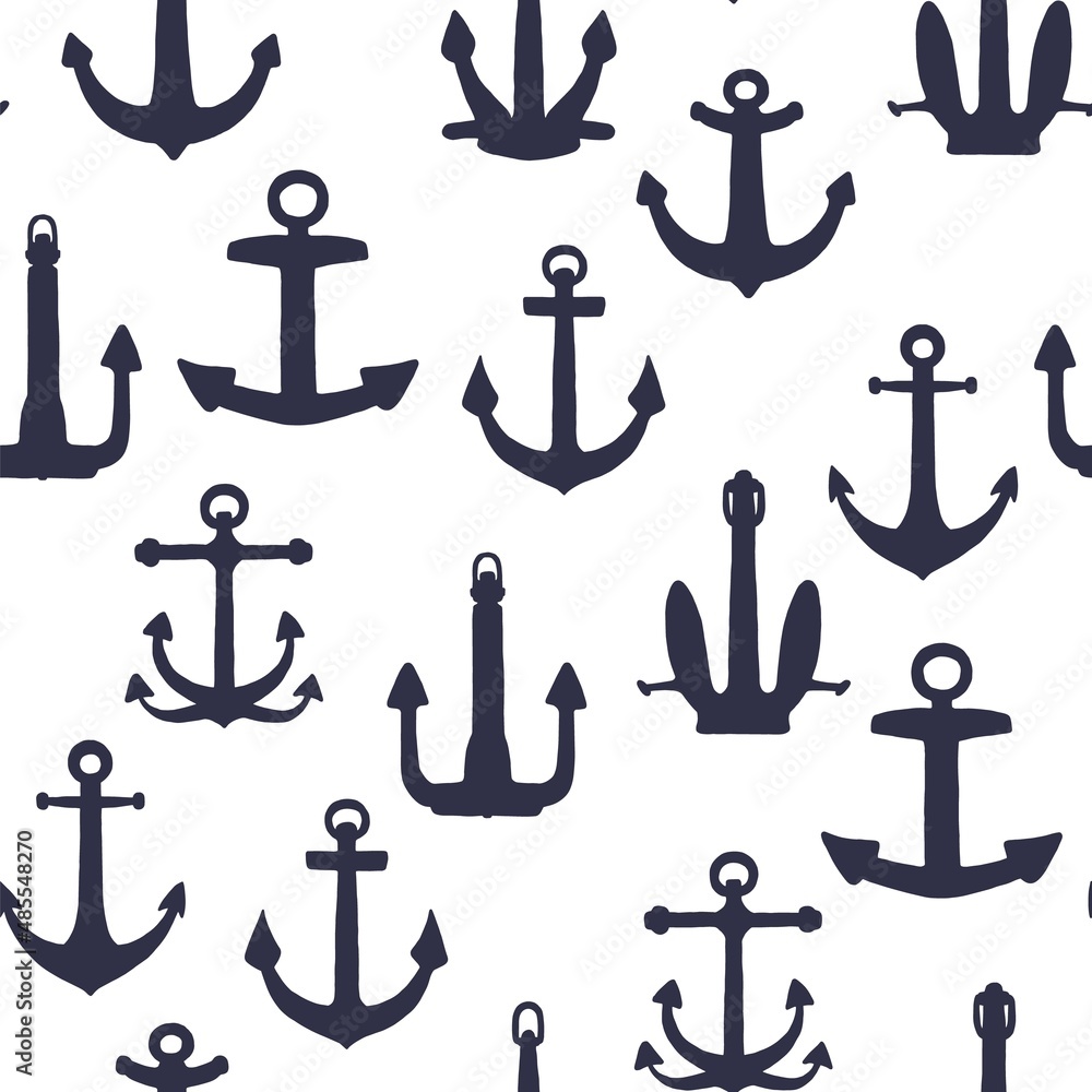 Silhouette of different anchors seamless pattern. Vector black doodle sketch illustration on white background. Silhouette of different anchors seamless pattern. Vector black doodle sketch illustration on white background.