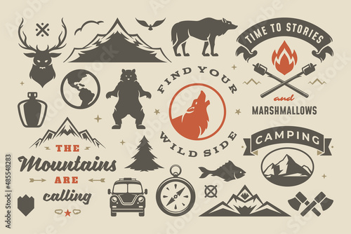 Camping and outdoor adventure design elements set, quotes and icons vector illustration