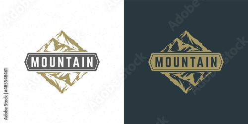 Mountain camping logo emblem outdoor landscape vector illustration rock hills silhouette for shirt or print stamp