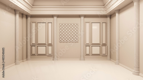 background of empty classic room with wall panels minimal tone,3D illustration rendering