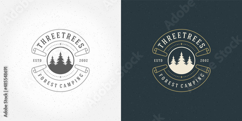 Forest camping logo emblem outdoor adventure vector illustration pine trees silhouette